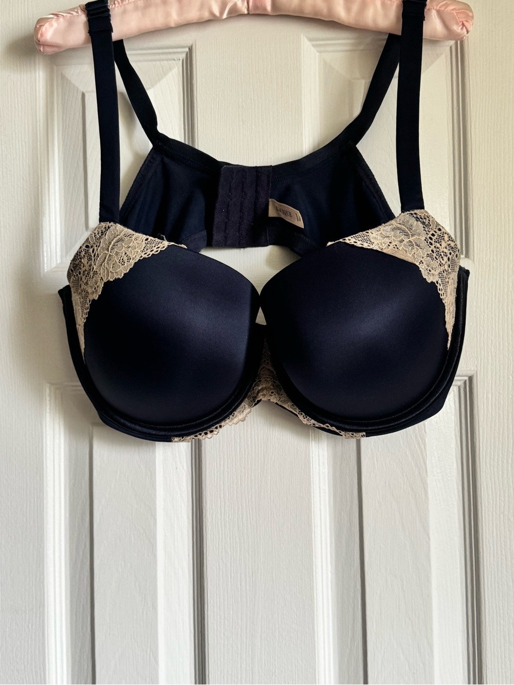 Cacique Navy Bra with Beige Lace Accents